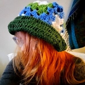 Granny Square crochet Yarn hat big hair friendly mushroom cap boho hippy